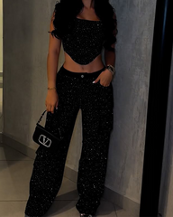 Rhinestone Suspender Overalls Pants Set