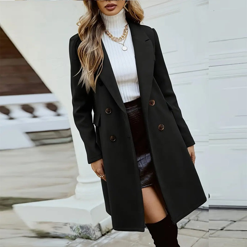 Solid Color Double-Breasted Wool-Like Coat Notch Lapel Long Sleeve Mid-Length Overcoat With Pockets