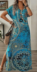 Vintage Floral Print V-Neck Batwing Sleeve Casual Dress Maxi Dresses Long Dress