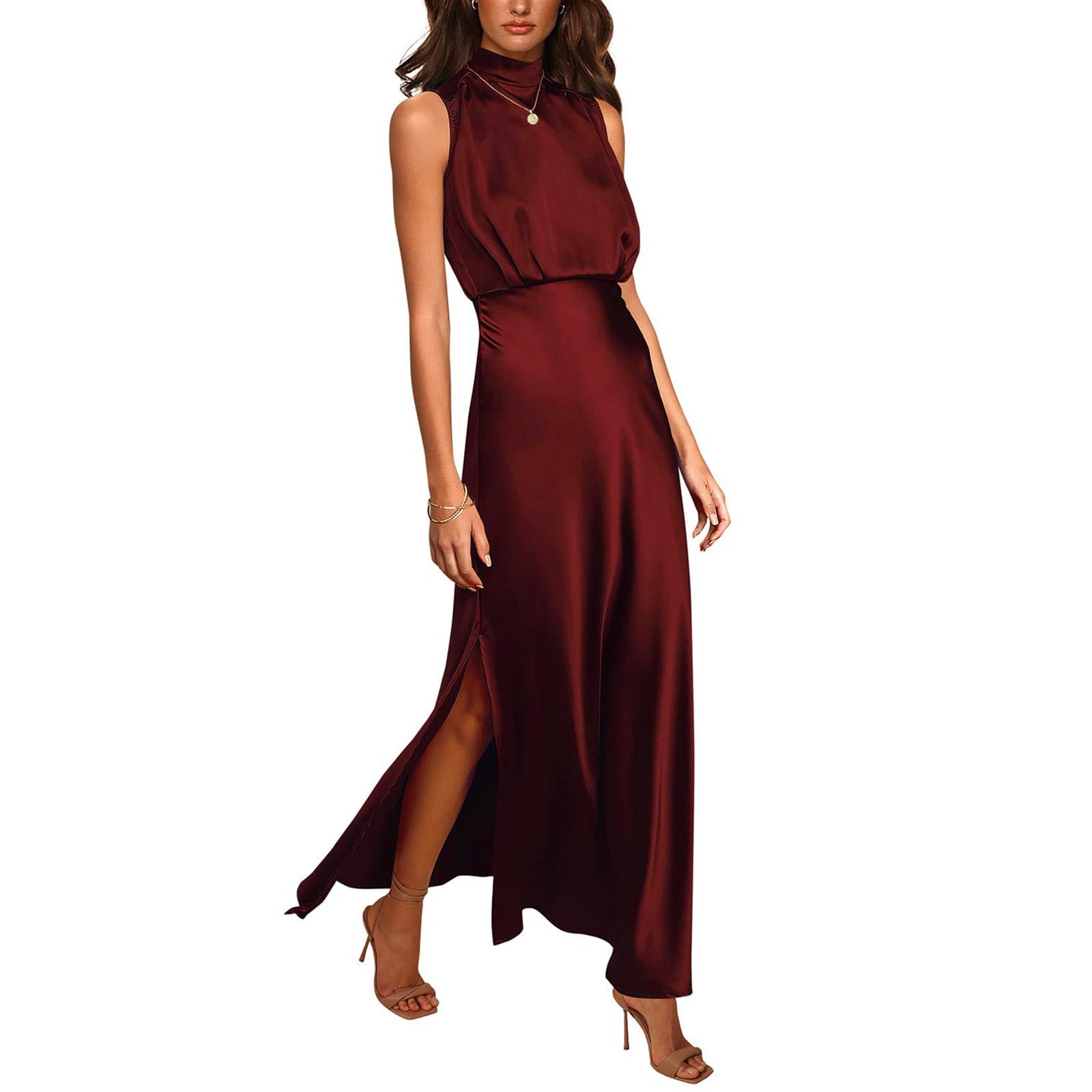 Satin Stand Collar Dress â€?Elegant High-Neck Silky Style