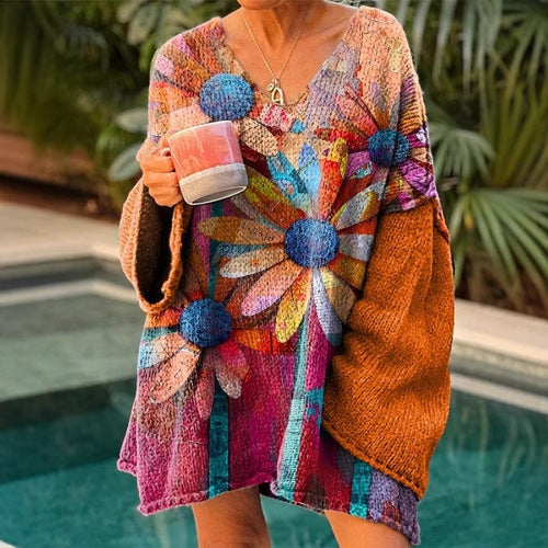 Elegant Digital Printing Casual Loose Sweater Dress