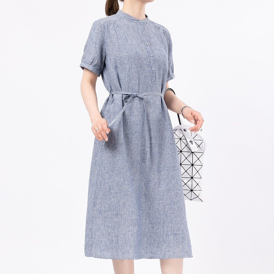 Short Sleeve Linen Dress Loose Casual Lace Up Midi Skirt