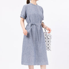 Short Sleeve Linen Dress Loose Casual Lace Up Midi Skirt