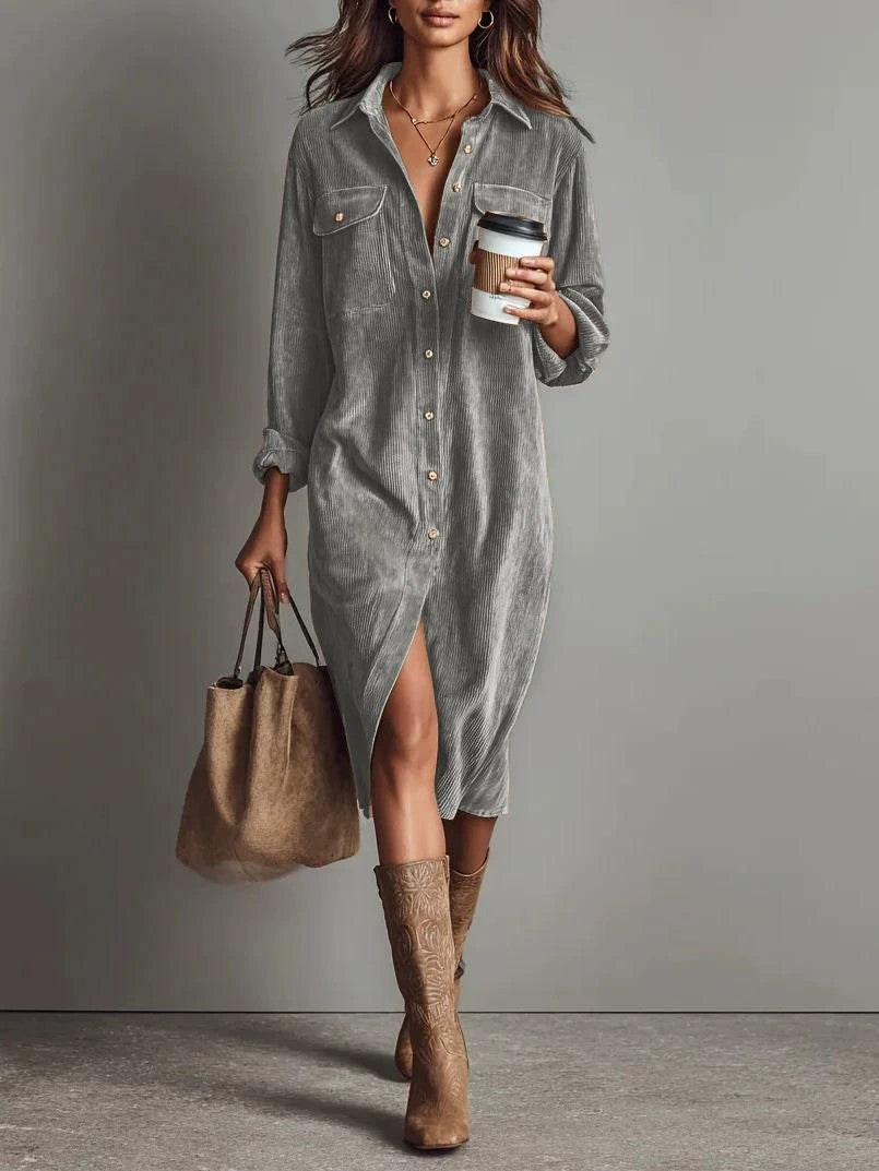 Turn-Down Collar Buttons Chic Casual Dress, Spring Solid Simple Party Dress, Long Sleeve Holiday Ladies Dress