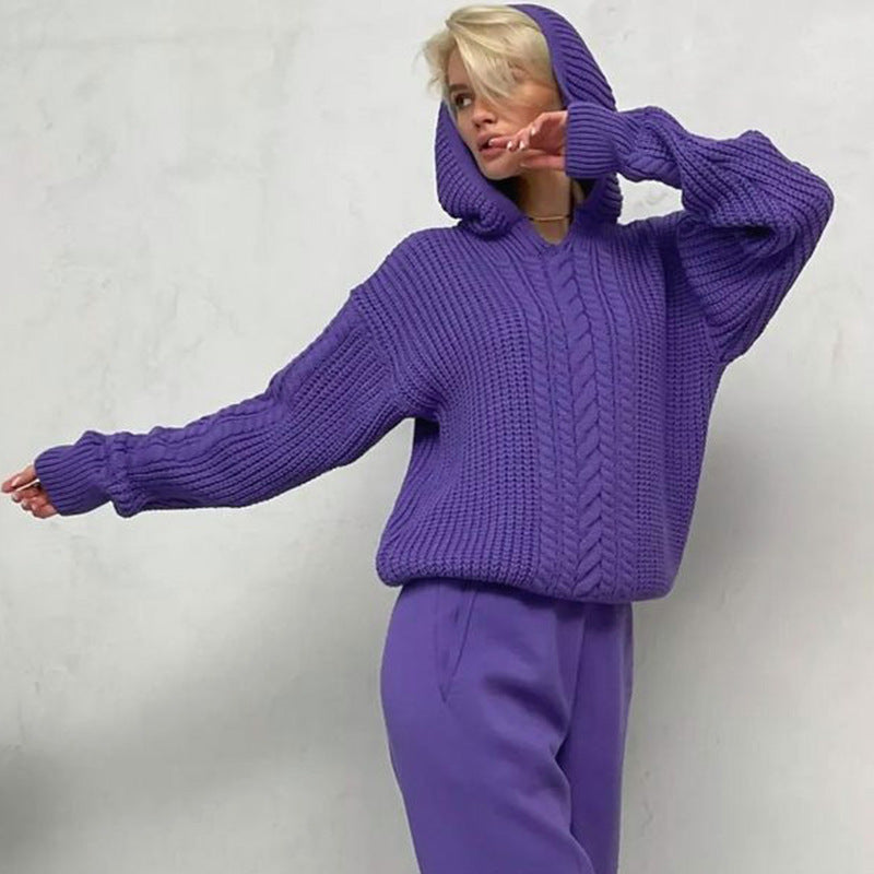 Hooded Long-sleeved Knitted Sweater