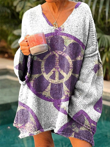 Elegant Digital Printing Casual Loose Sweater Dress