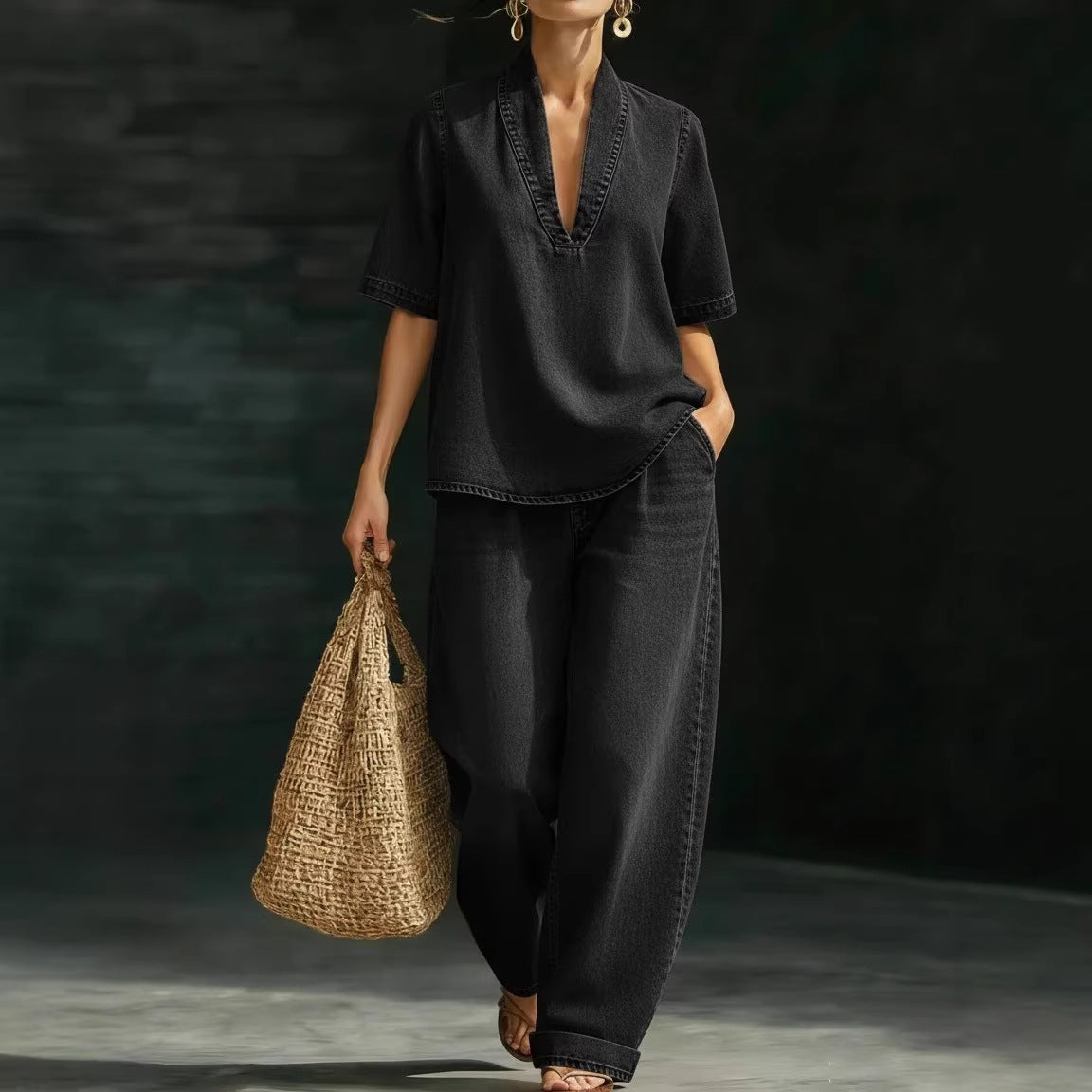 Casual Retro Denim Pants Set