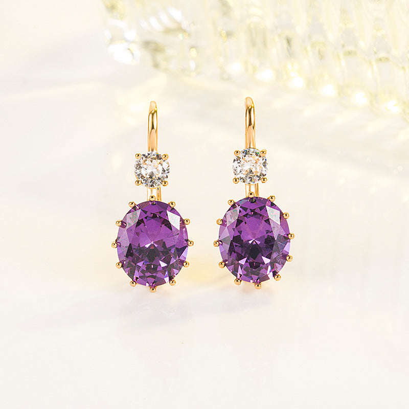 Oval Purple Diamond Zircon 18K Gold Amethyst Earrings