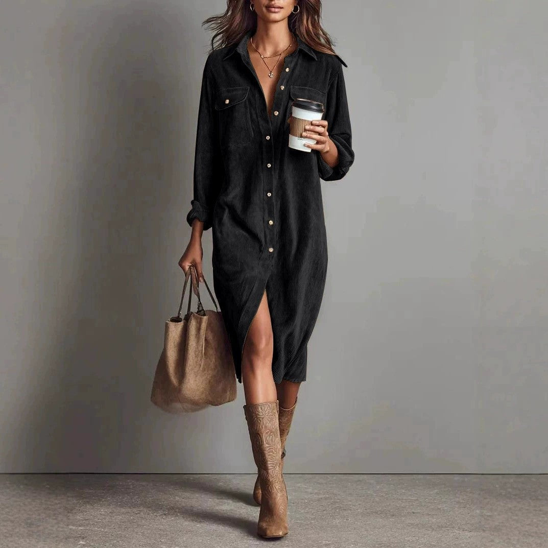 Turn-Down Collar Buttons Chic Casual Dress, Spring Solid Simple Party Dress, Long Sleeve Holiday Ladies Dress