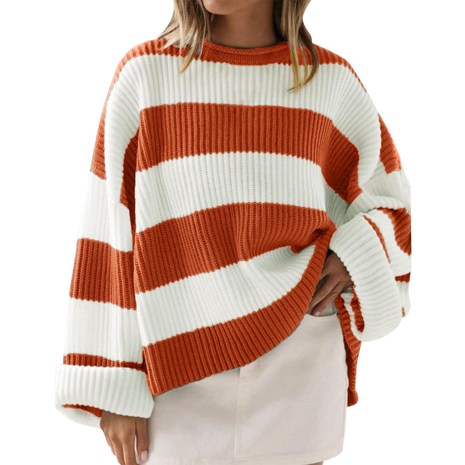 Loose Striped Sweater Casual Long Batwing Sleeve Round Neck Pullover Knit Tops Clothing