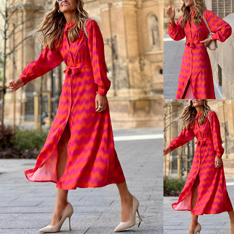 Printed Lace-Up Contrast Boho Slit Dress