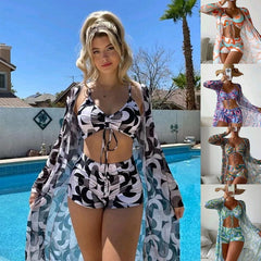 3pcs Pring Bikini With Long Sleeve Cardigan Beach Swimsuit Women