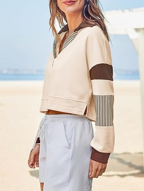 Fisoew Long Sleeve Crop Tops Polo V Neck Color Block Casual Loose Pullover Cropped Sweatshirt