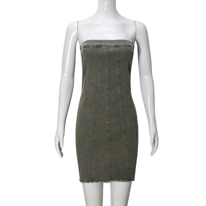 Backless Tube Denim Dress Y2K Slim Short Dresses For Clothing
