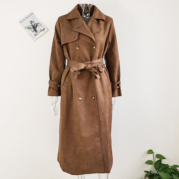 Double Breasted Lapel Shift Coat With Belt Vintage Suede Long Coat Outwear Clothing