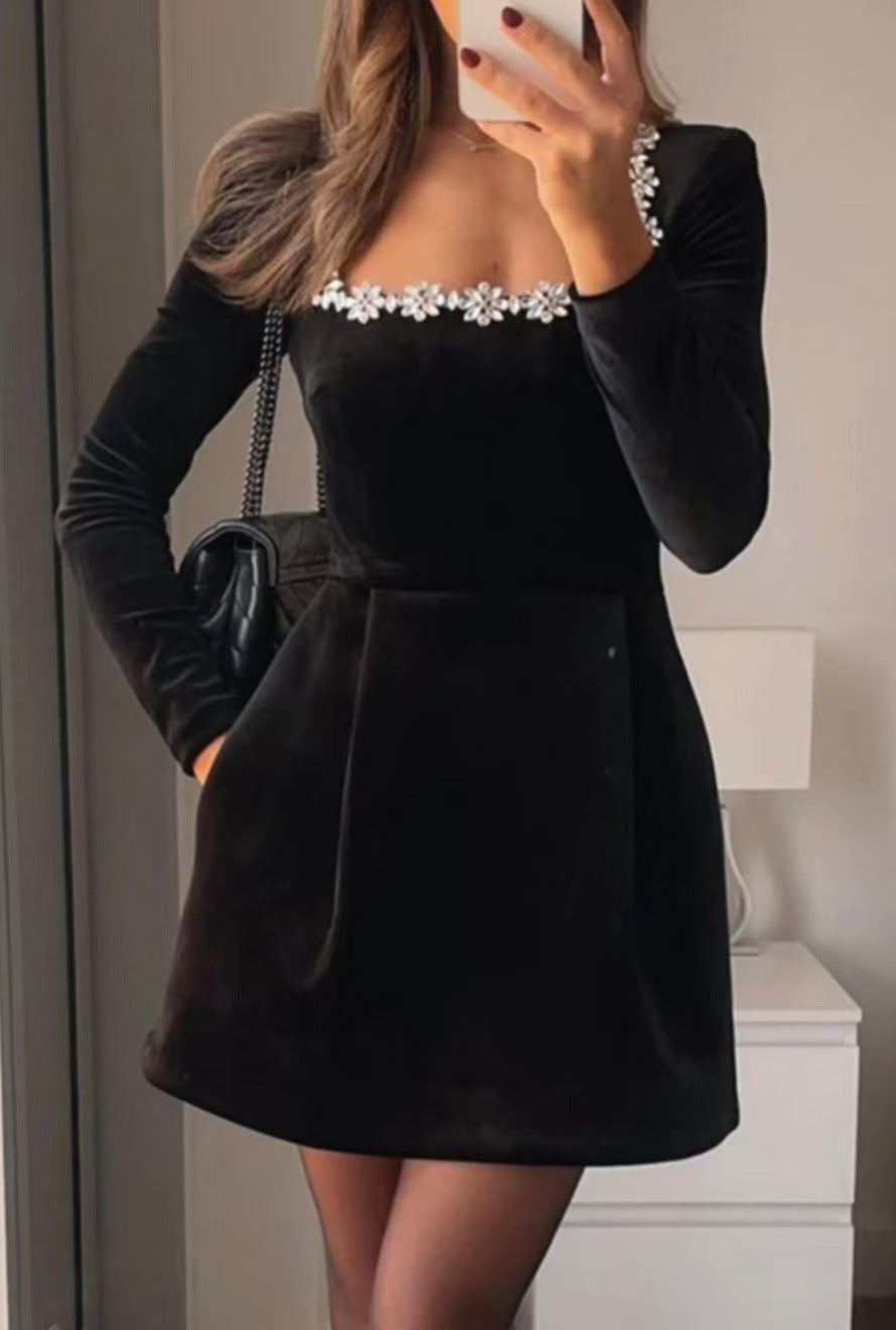 Elegant Square Neck Long-sleeved Dress With Flowers Rhinestone Design A-line Short Dresses Spring Clothing For Women