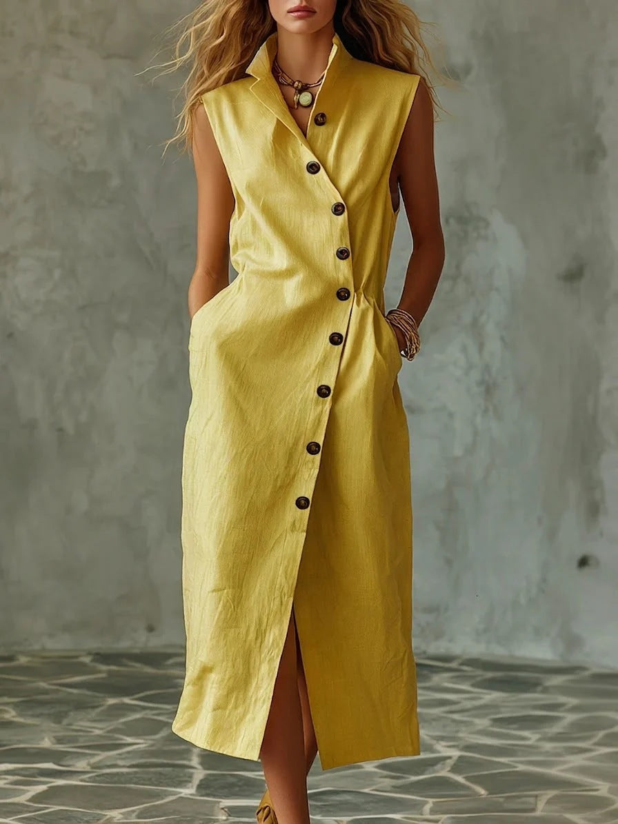 Slim-fit Elegant Single-breasted Dress With A Stand-up Collar For Women
