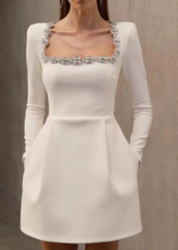 Elegant Square Neck Long-sleeved Dress With Flowers Rhinestone Design A-line Short Dresses Spring Clothing For Women