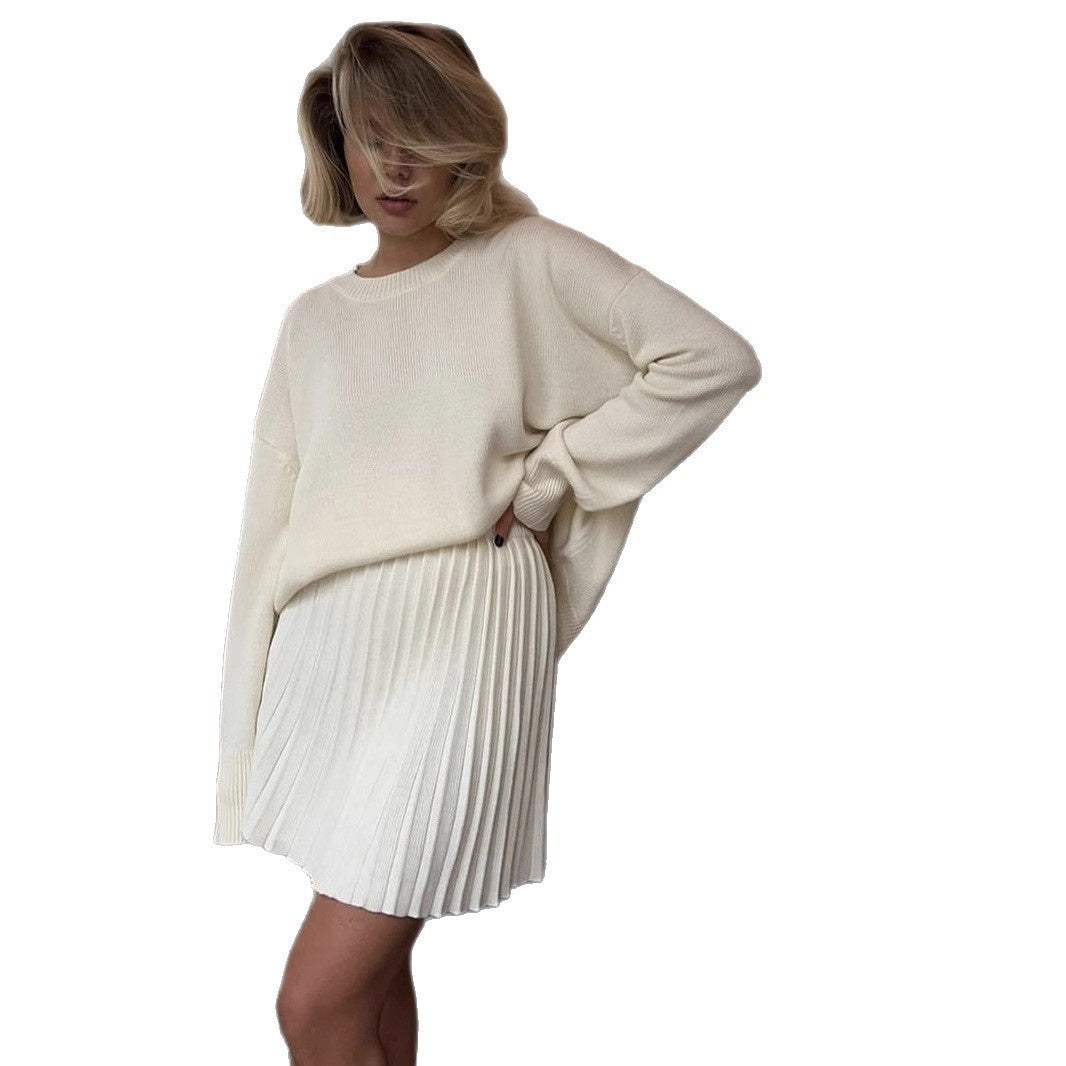 Solid Color Round Neck Sweater Pleated Skirt Suit Skirt