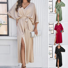 V-Neck Bat Sleeve Long Dress â€?Split Design, High Waist, Lace-Up Elegant Fit