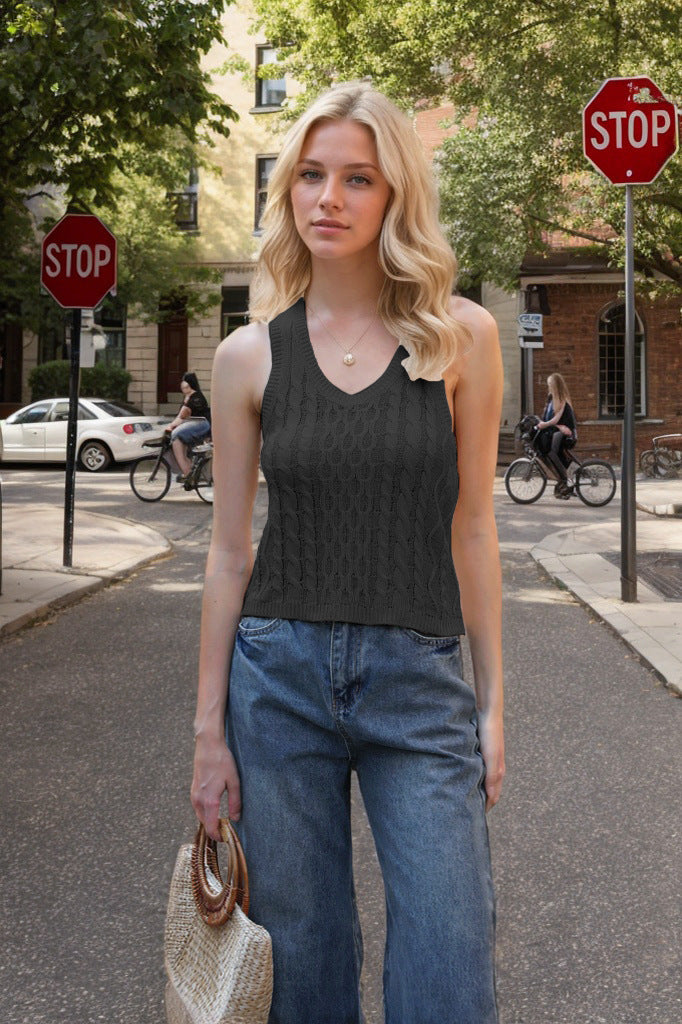 V-neck Tank Vest Casual Knitted Solid Color Tops