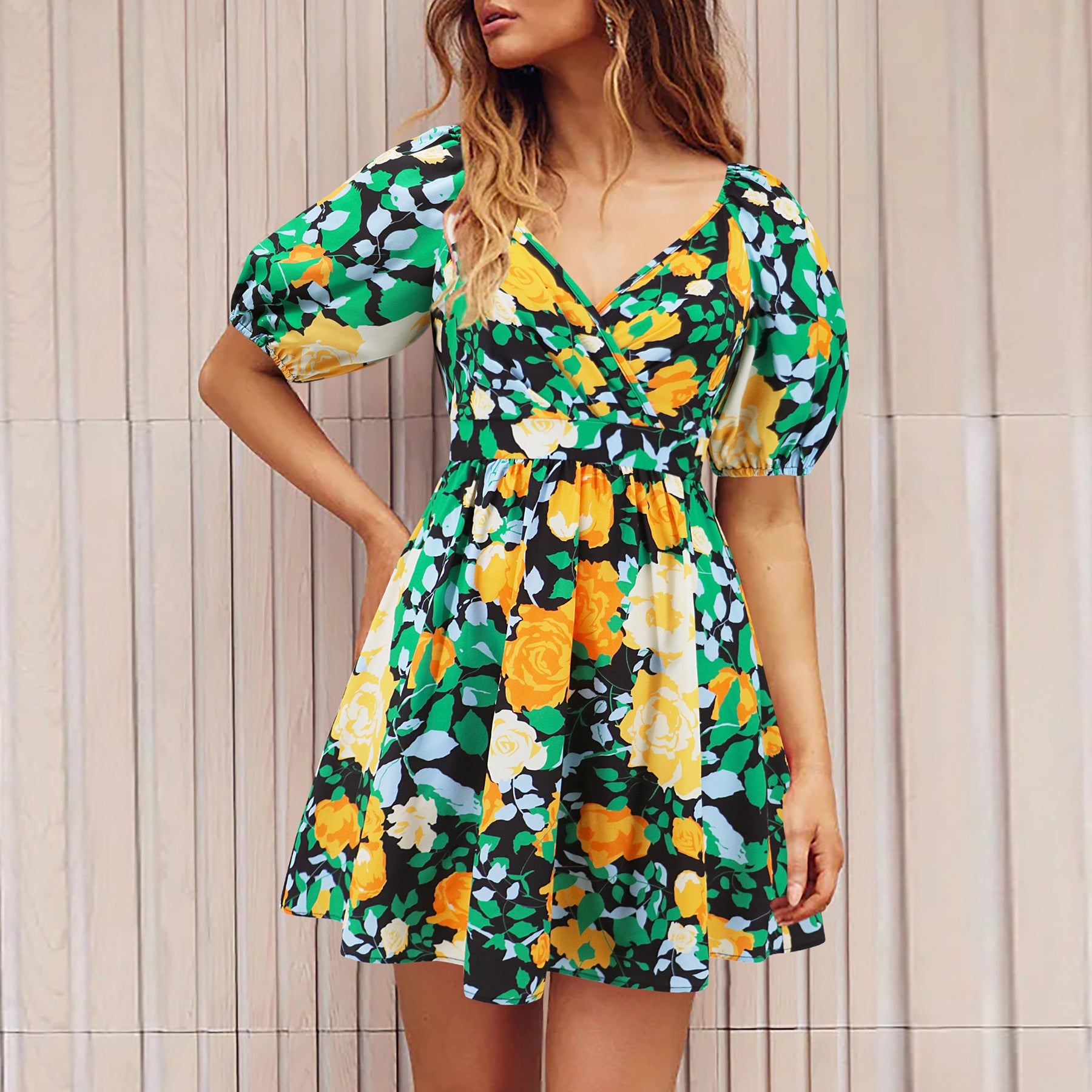 Flowers Print V-Neck Lantern-sleeve Dress Y2K Vacation Beach Short Dresses Womens Clothing