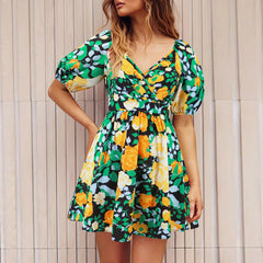Flowers Print V-Neck Lantern-sleeve Dress Y2K Vacation Beach Short Dresses Womens Clothing