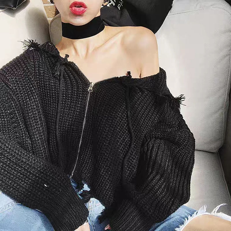 Hooded Tassel Zipper Sweaters Coat