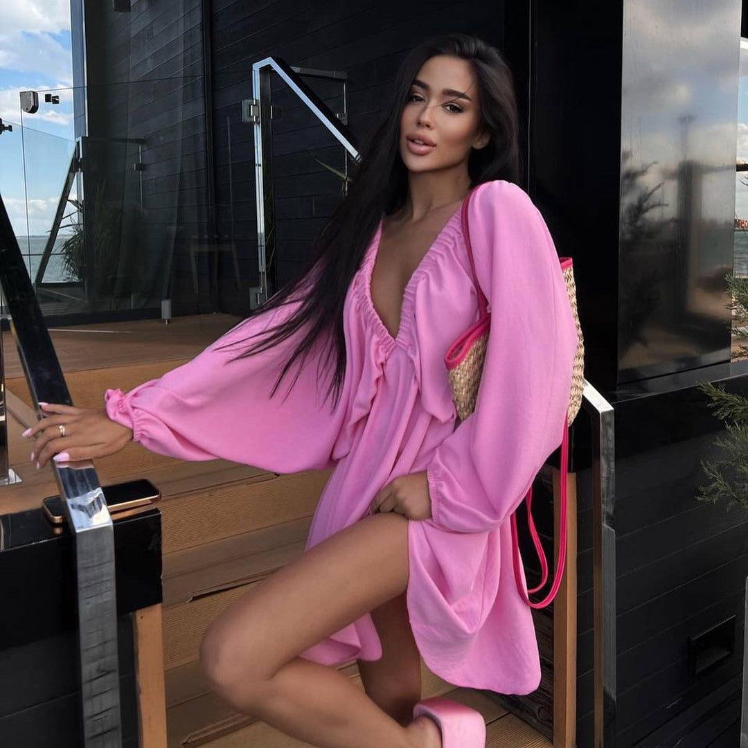 V-Neck Lantern Sleeve Dress â€?Loose Fit Long Sleeve Casual Dress