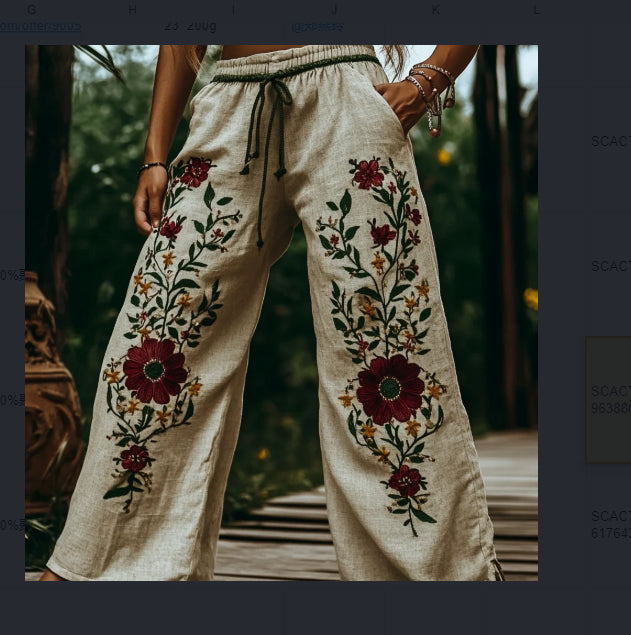 Printed Long Pants For Made Of Linen Versatile And Wide-leg Style