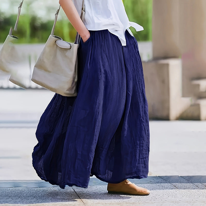 Bohemian Beach A-Line Dress Elastic Waist Flowy Long Maxi Skirt With Pockets