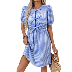 Retro Striped Dress Round Neck Bowknot Lace-up Dress