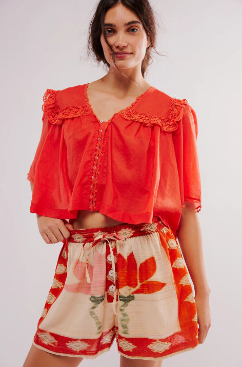 Lace-trimmed Collar Loose-fitting Pleated Top For Women