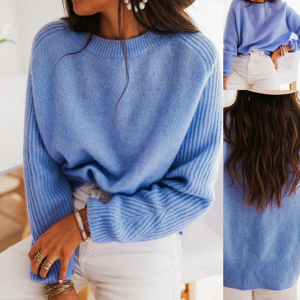 Milk Blue Bedford Cord Sweater Round-collar Long-sleeve Knitwear Casual Clothing Knit Top Outerwear