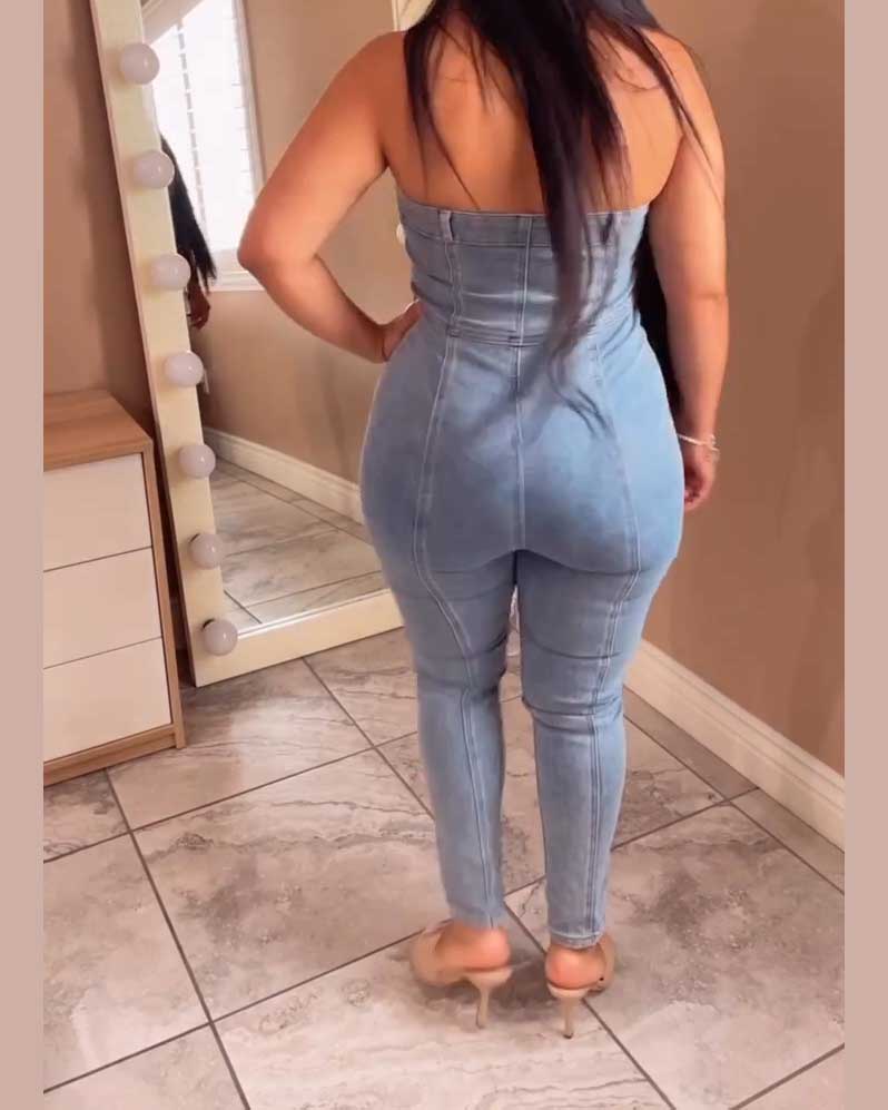 Tie Skinny Denim Jumpsuit
