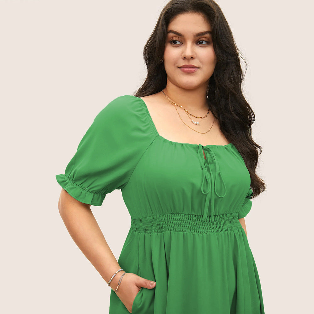 Retro Square-Neck Puff-Sleeve Waist-Cinched Slimming Green Midi Dress