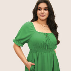 Retro Square-Neck Puff-Sleeve Waist-Cinched Slimming Green Midi Dress
