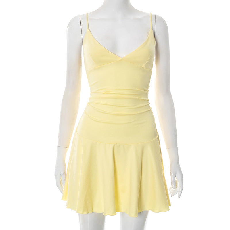 Solid Color V-neck Brace Ruffled Dress Women