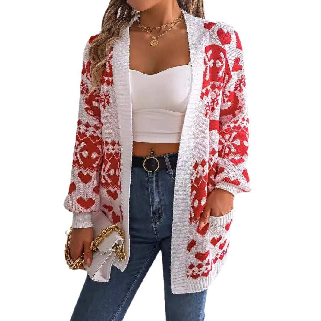 Christmas Clothes Open Front Cardigan Knitwear Lantern Sleeve Xmas Printed Oversized Deer Sweater Pockets Knitted