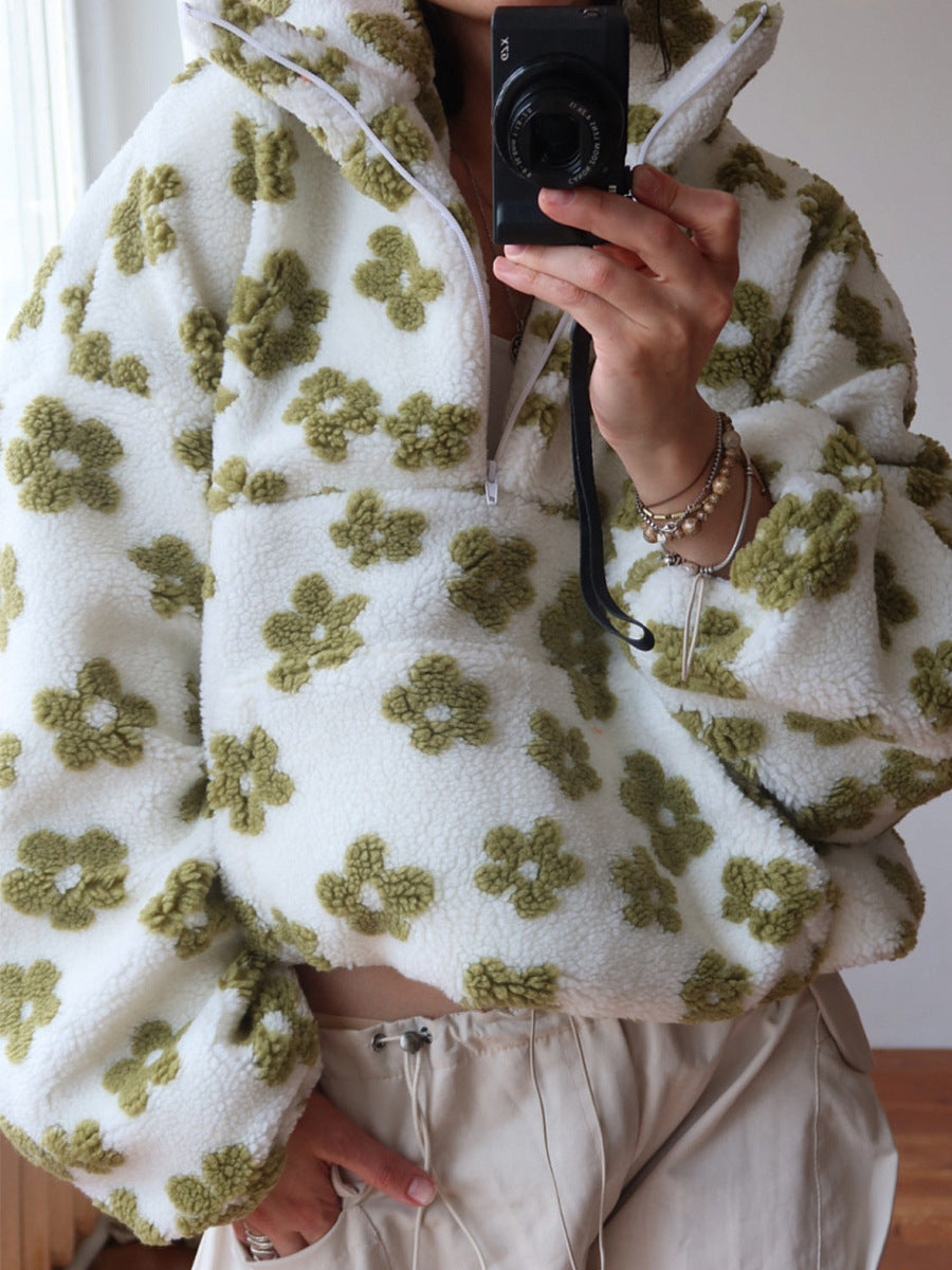 Flowers Lambskin Sweatshirt With Big Pocket Casual Loose Zip-up Lapel Pullover Top Clothing