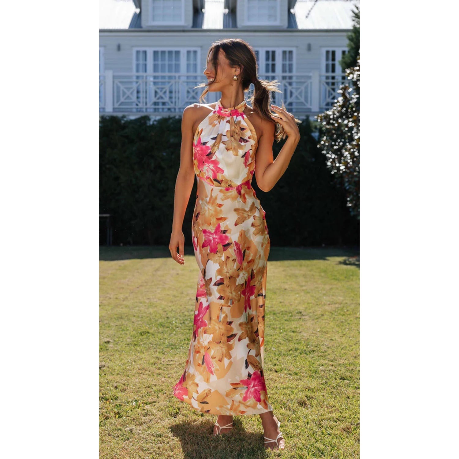 SpringFloral Digital Print Sweet Halter Mid Length Dress