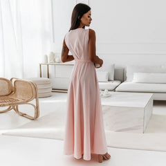 V-neck Sleeveless Dress With Belt Party Club Evening Maxi Dresses For Clothing