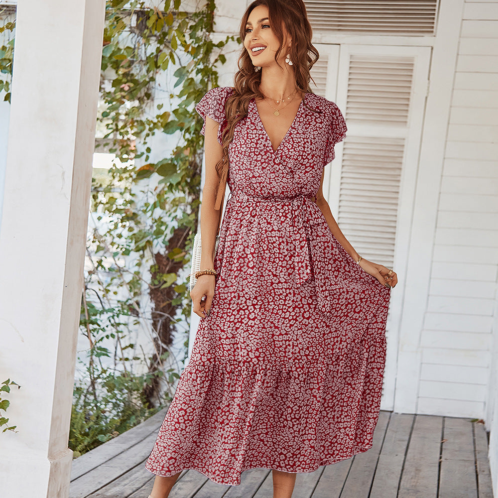 Dresses Ruffle Cap Sleeve V Neck Belt Wrap Split Boho Floral Long Casual Party Beach Dress