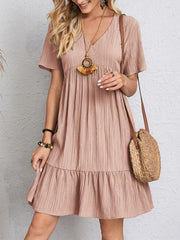 V-neck Short Sleeve Dress Casual Loose Ruffled Dresses Beach Clothing Women