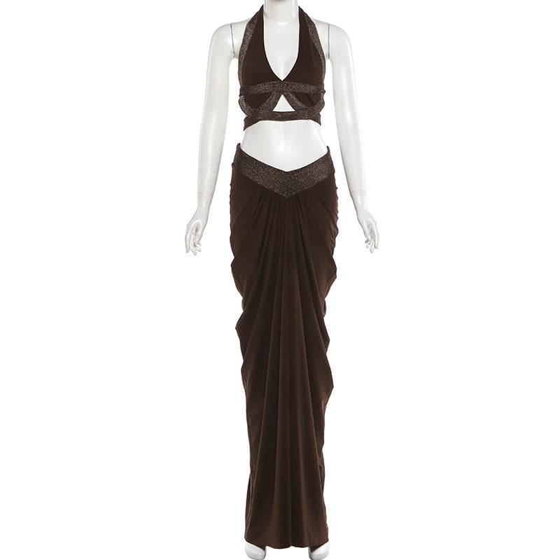 Cropped Halter Top And Pleated Bodycon Maxi Skirt Set