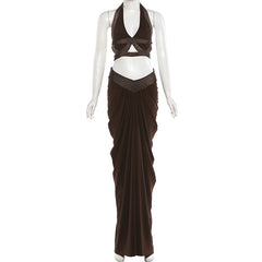 Cropped Halter Top And Pleated Bodycon Maxi Skirt Set