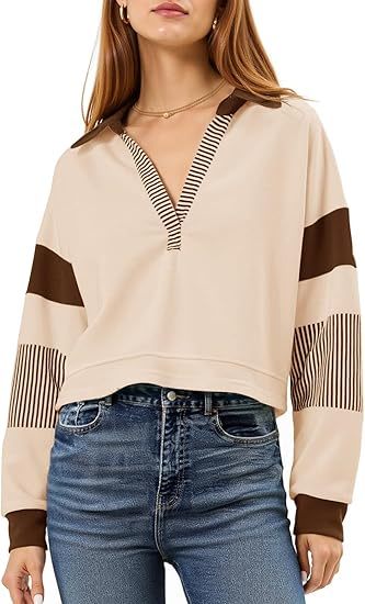 Fisoew Long Sleeve Crop Tops Polo V Neck Color Block Casual Loose Pullover Cropped Sweatshirt