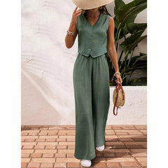 Womens Two Piece Outfits Button V Neck Crop Vest Blazer And Wide Leg Pants Suit Matching Sets