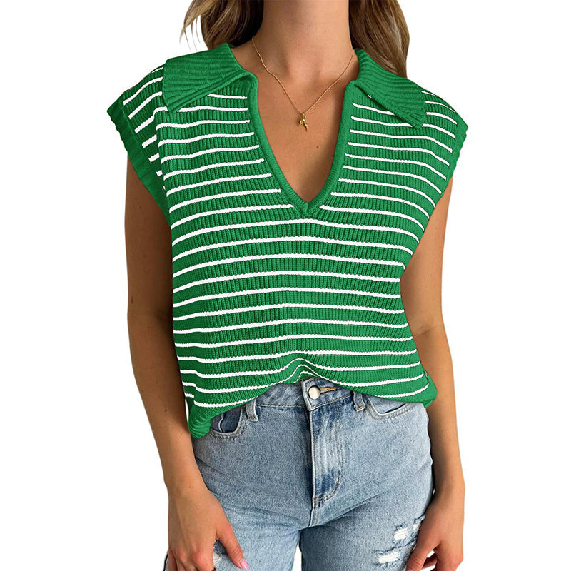 V Neck Cap Sleeve Sweater Vest Sleeveless Collared Striped Knit Tank Tops