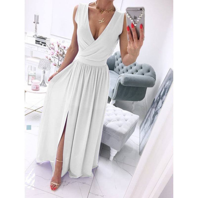 Sleeveless And Ankle Skirt Solid Color V-neck Front Split Long Dress